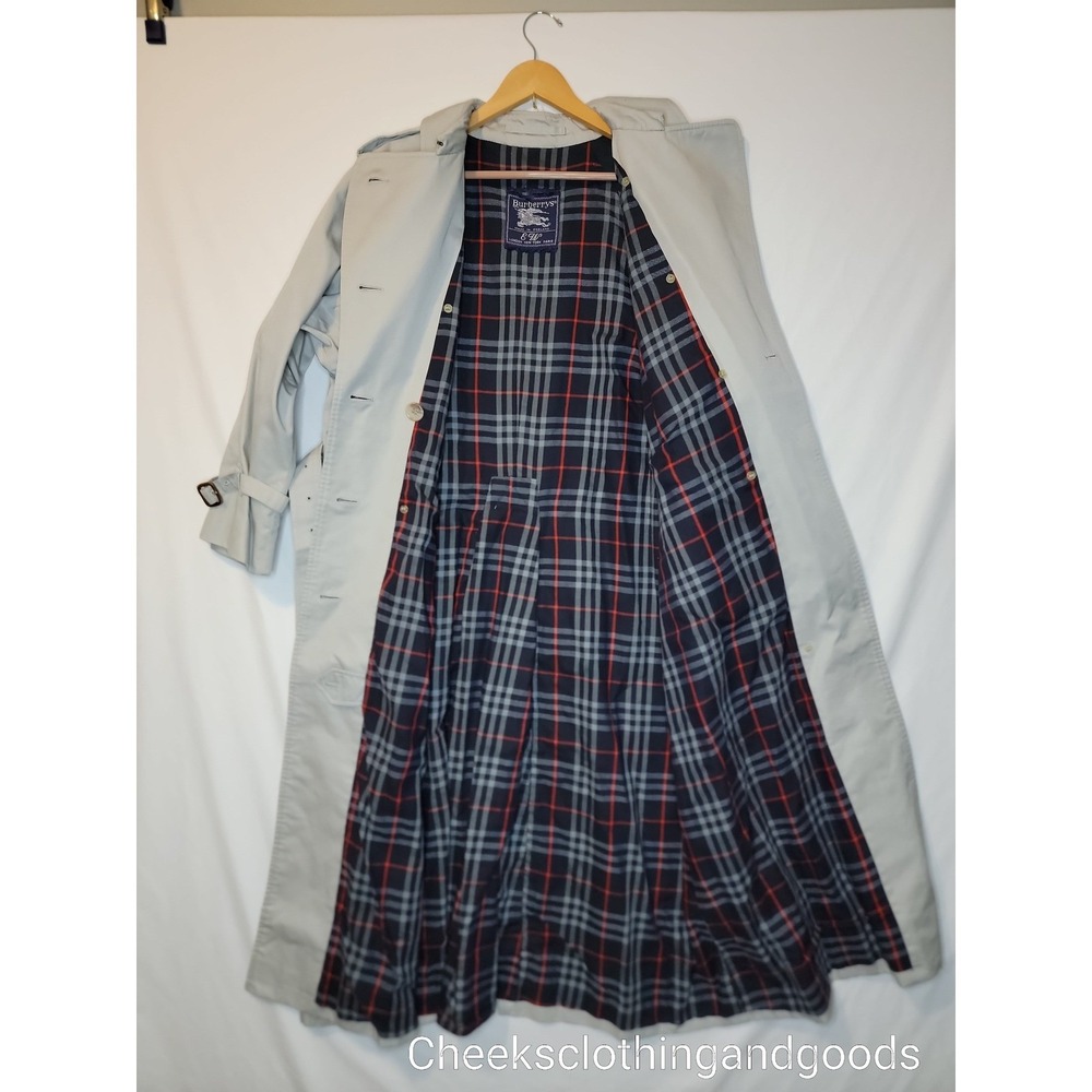 Burberrys Vintage Trench Coat Beigh Double Breasted Nova Check Belted England 14 - Picture 9 of 15
